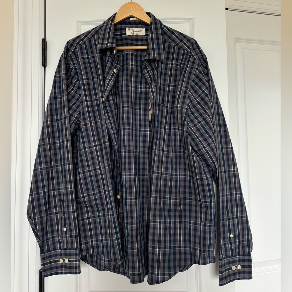 Penguin Long Sleeve Plaid Collared Button Up Shirt Classic Fit Blue Size XXL NWT